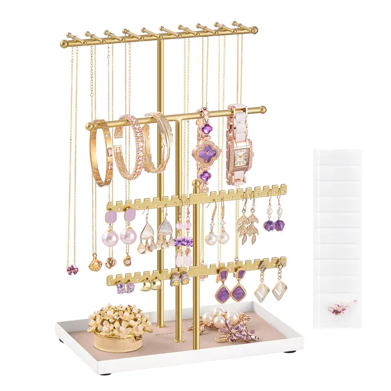 Organizador de joyas con soporte de metal y bandeja de terciopelo