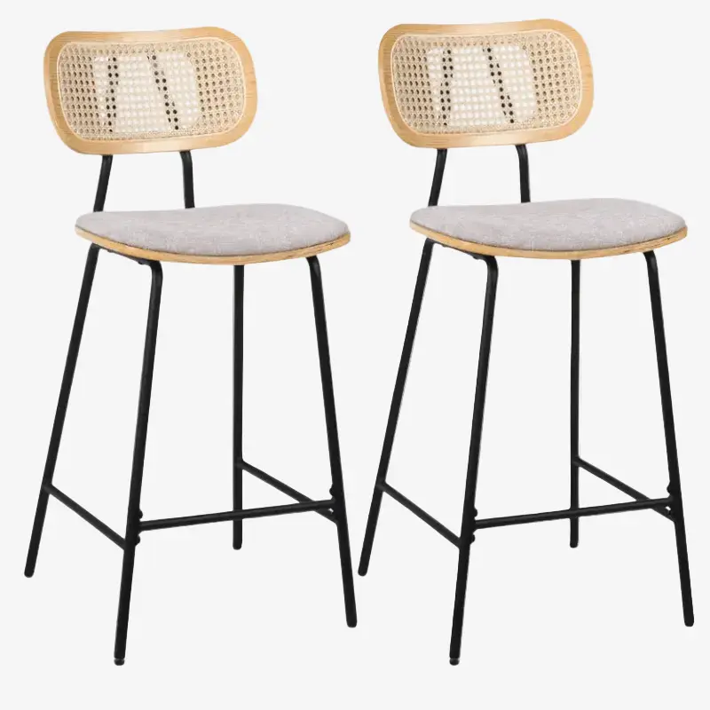 Pack 2 Taburete de bar H65 madera natural, ratán y tela beige Alan