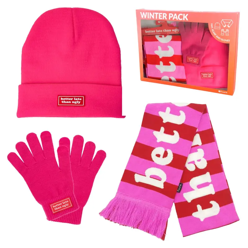 Pack de gorro, bufanda y guantes "Better late than ugly"