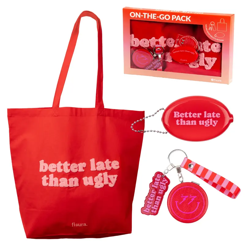 Pack de tote bag, monedero retro y llavero "Better late than ugly”