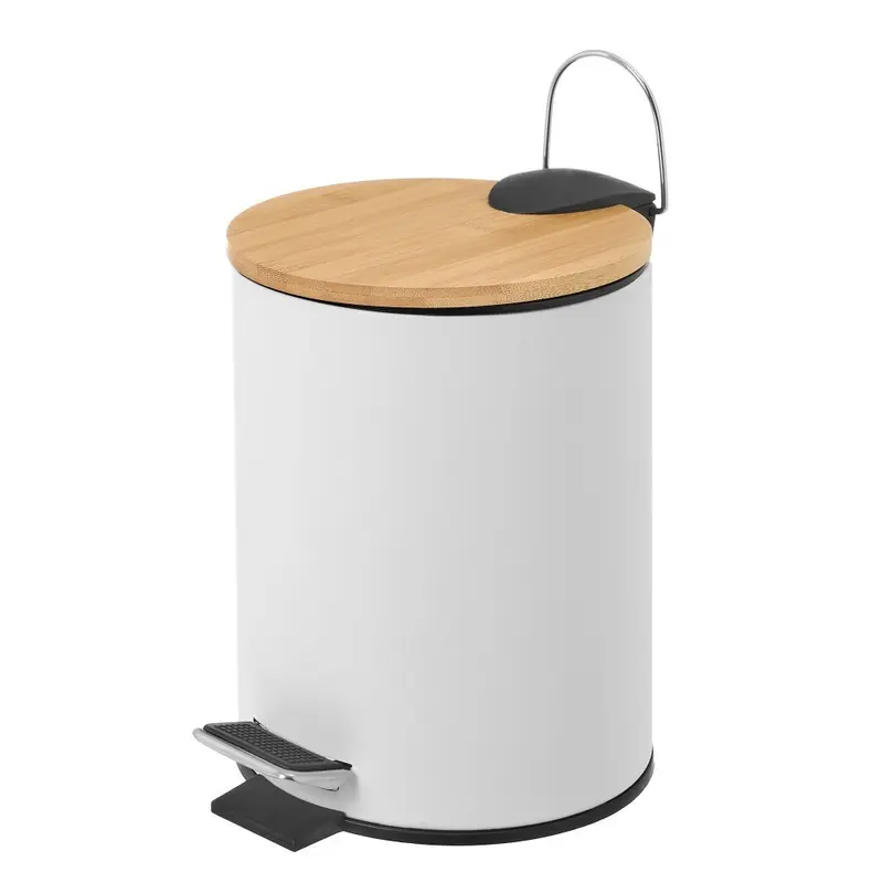 Papelera de baño de pedal blanca mate redonda de 3 litros con tapa de bambú