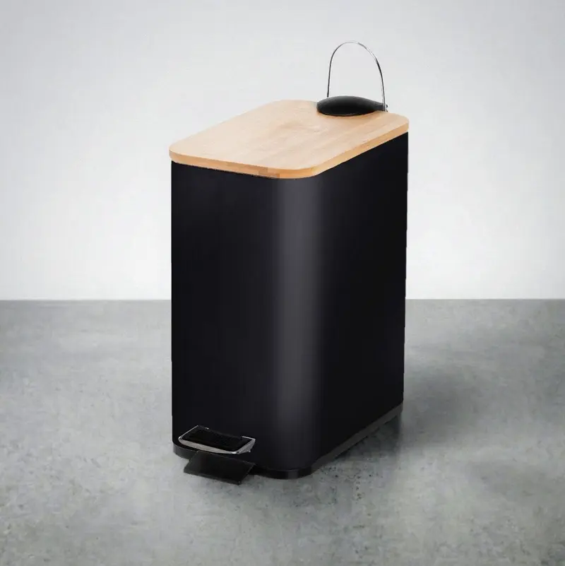 Papelera de pedal rectangular de 5 litros negro mate con tapa de bambú