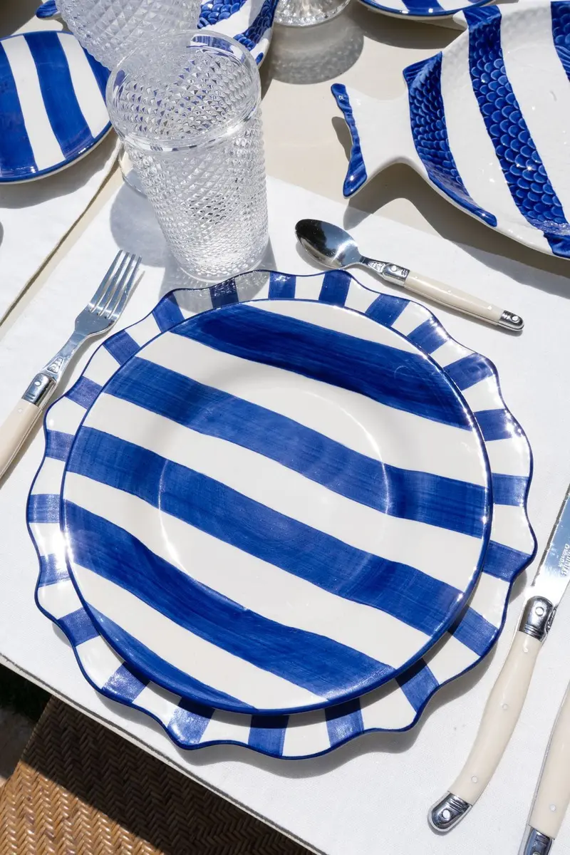 Plato De Postre De Cerámica Con Diseño De Rayas Azules