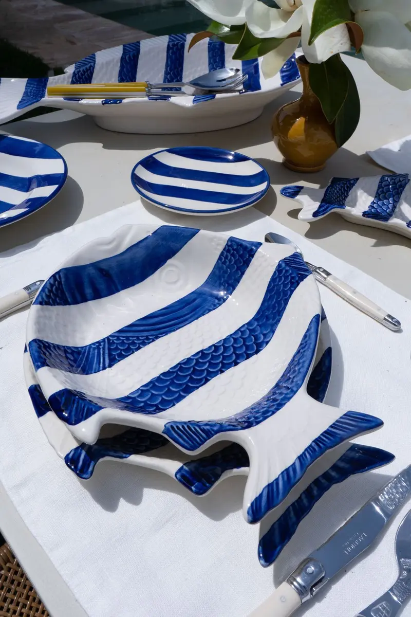 Plato Hondo De Cerámica Con Diseño De Pez De Rayas Azules