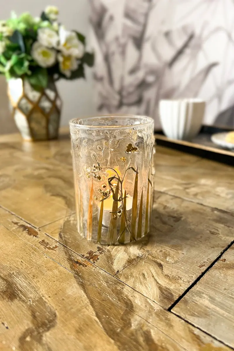 Portavelas Cristal Con Hojas Y Flores