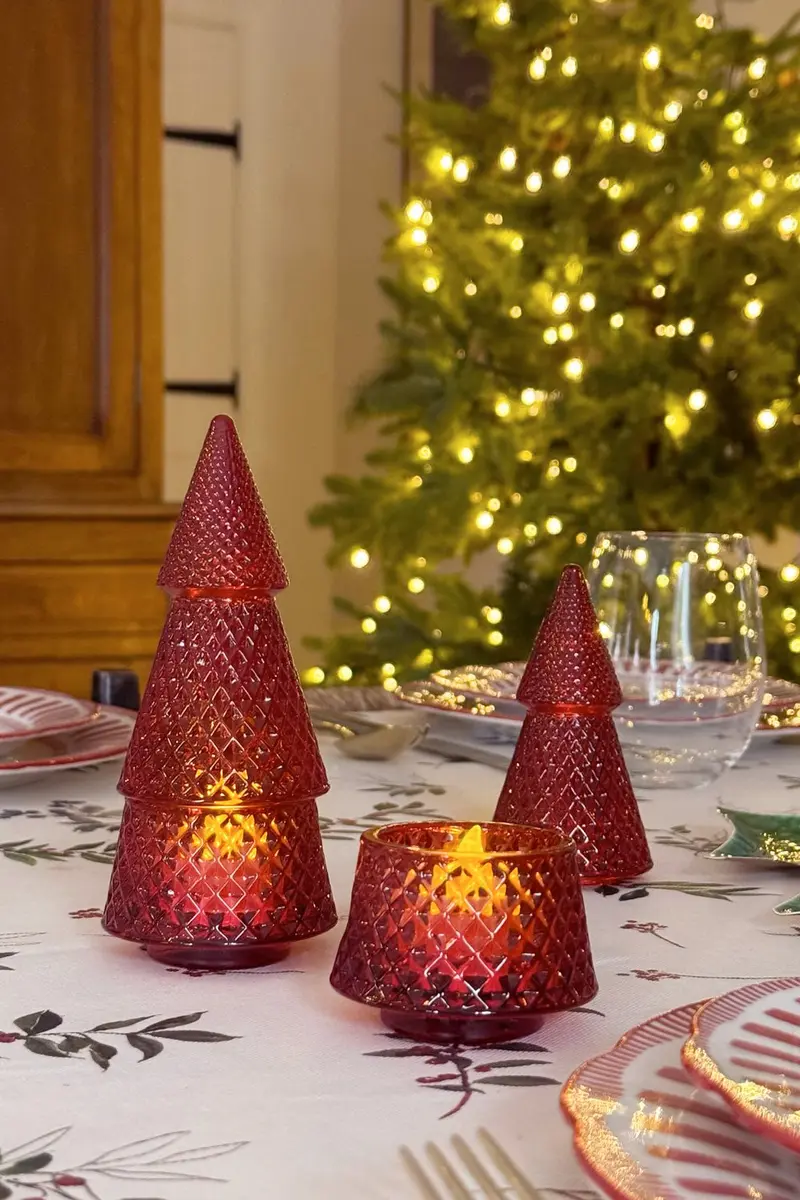 Portavelas Desmontable De Cristal Con Diseño De Árbol Rojo Picos Pequeño