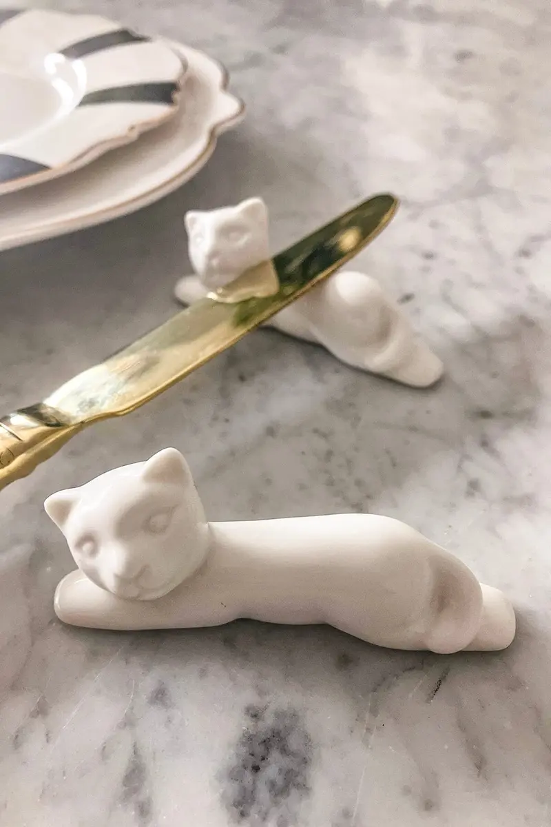 Posacubiertos Con Diseño De Gato De Porcelana Blanca