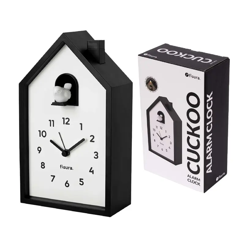 Reloj despertador cuco casita blanco y negro