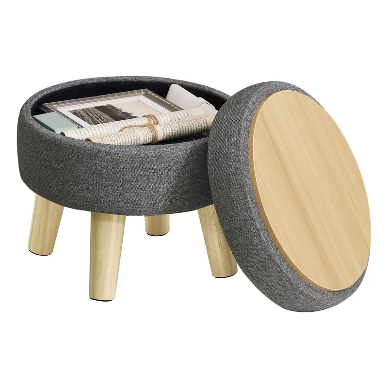 Reposapiés con almacenaje de tela aspecto lino y patas de madera