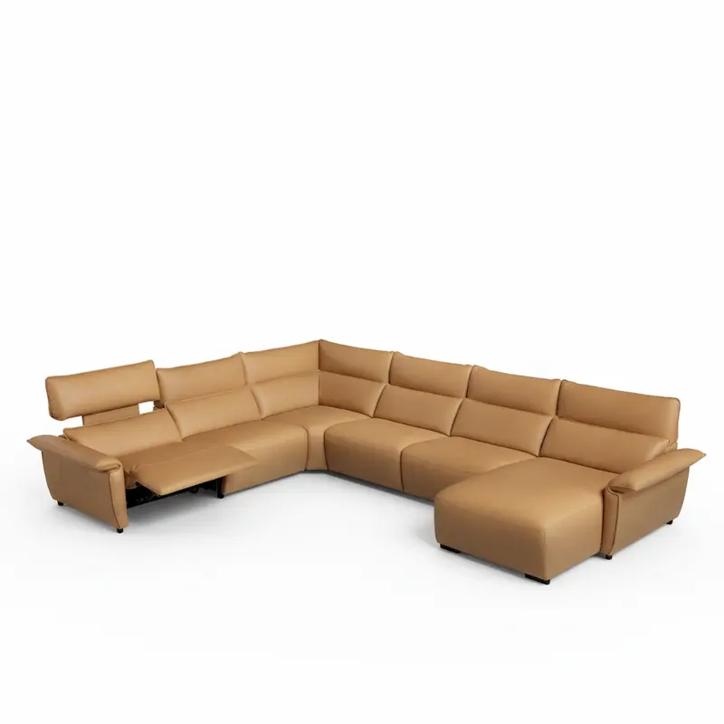 Rinconera con chaiselongue modelo PUGLIA con cabezal eléctrico ajustable y asiento relax en Piel