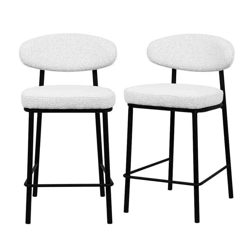 Rode - Lote de 2 taburetes de bar de tela bouclé, madera y metal, altura 65 cm