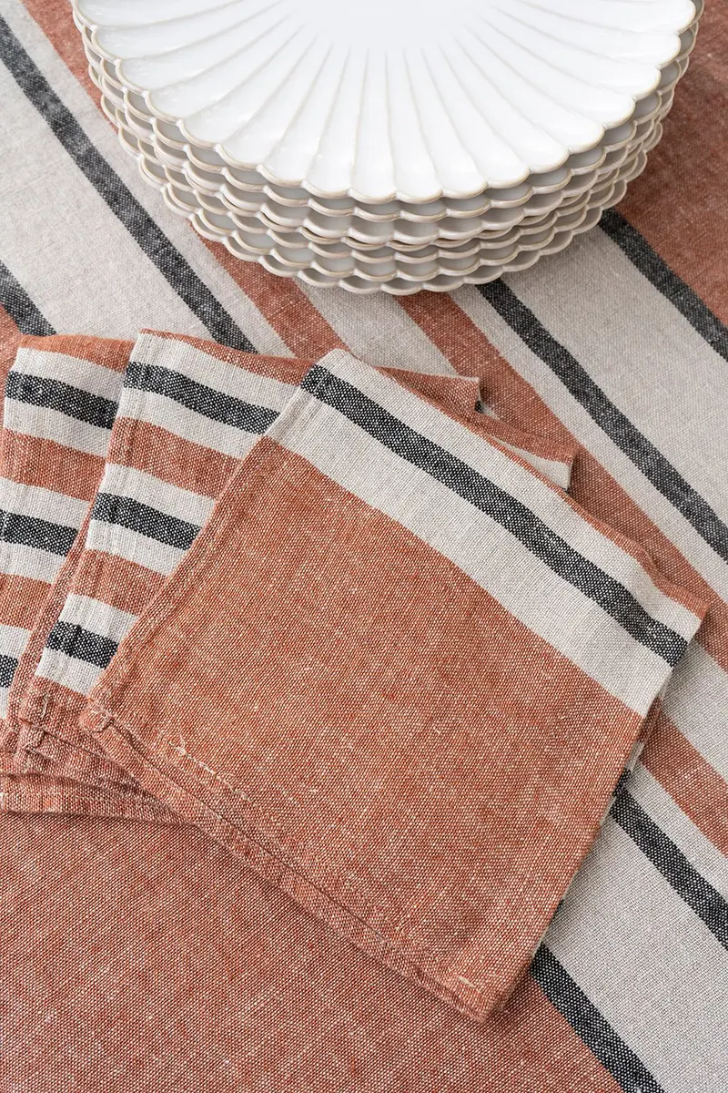 Servilleta De Lino Color Teja Con Rayas Beige & Grises