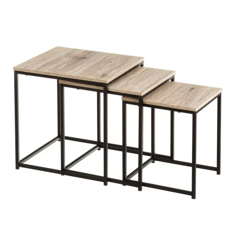 Set 3 mesas nido de metal negro y tablero color roble de 40cm, 35cm y 30cm