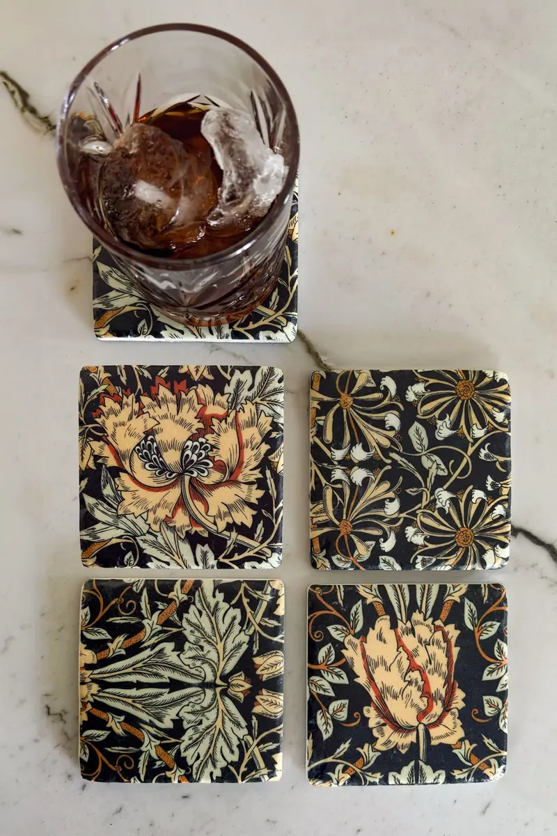 Set 4 Posavasos De Mármol Diseño Flores Ocres