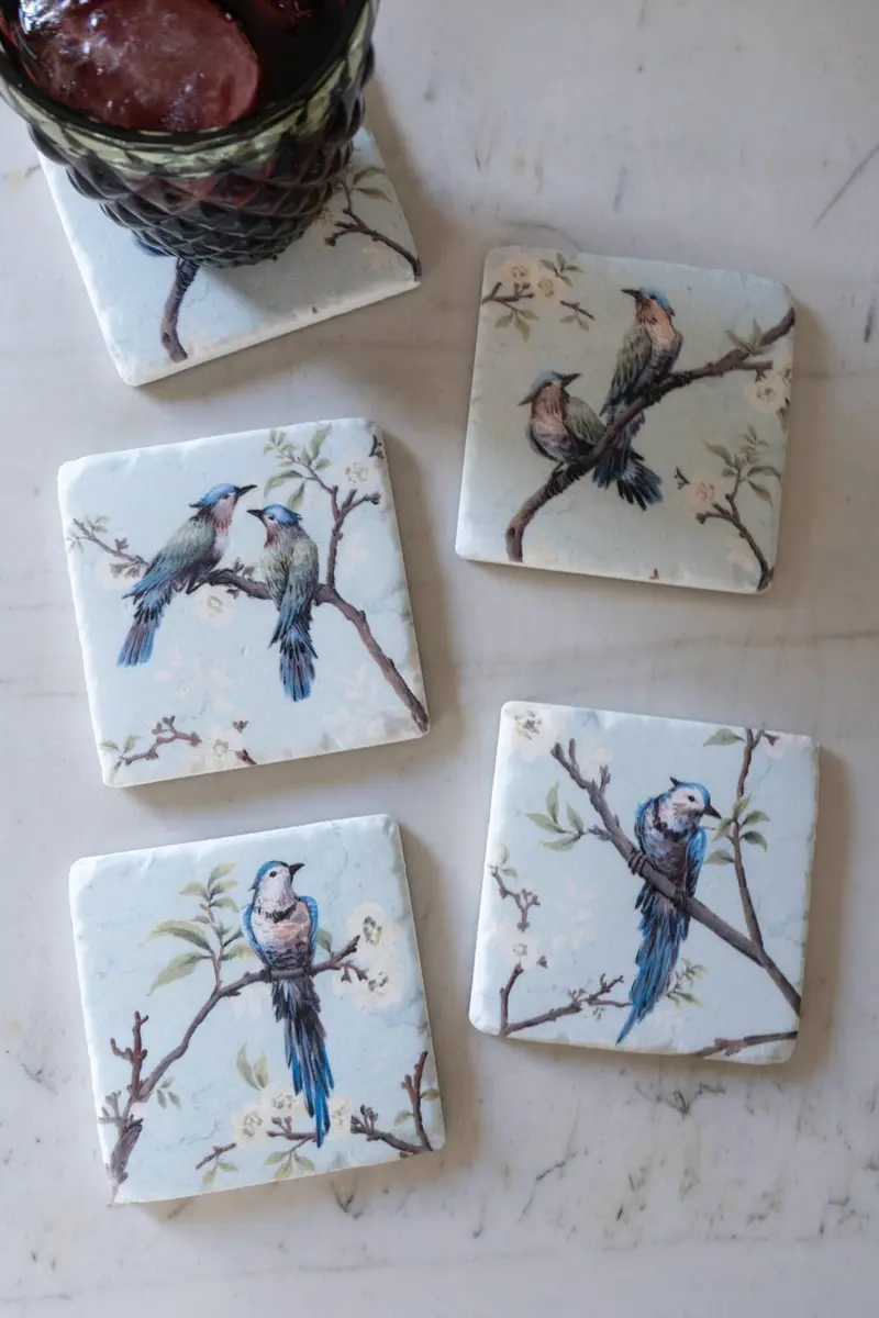 Set 4 Posavasos De Mármol Diseño Pájaros