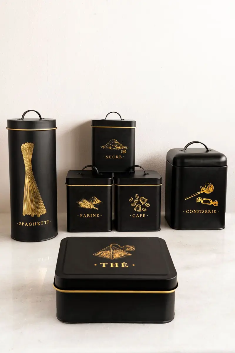 Set 6 Botes Metálicos De Almacenaje Negro Mate Con Ilustraciones Doradas