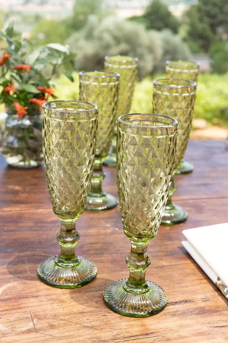 Set 6 Copas Cristal Champagne Verde Rombos
