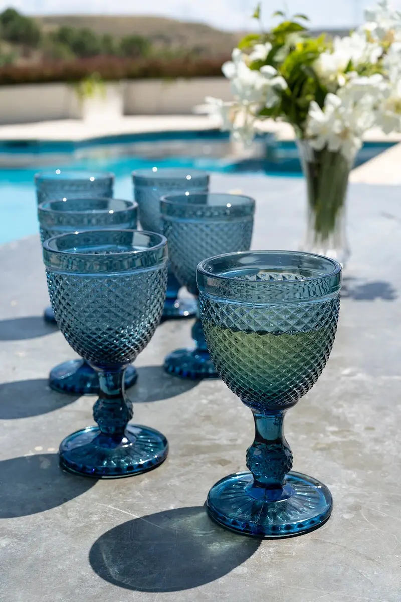 Set 6 Copas Cristal Vino Azul Oscuro Picos