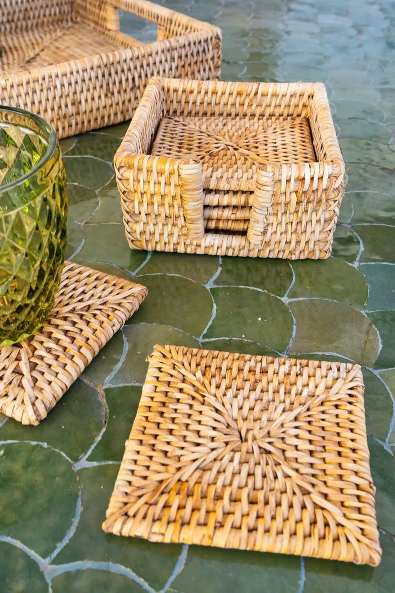 Set 6 Posavasos Cuadrados De Ratán Marrón Natural