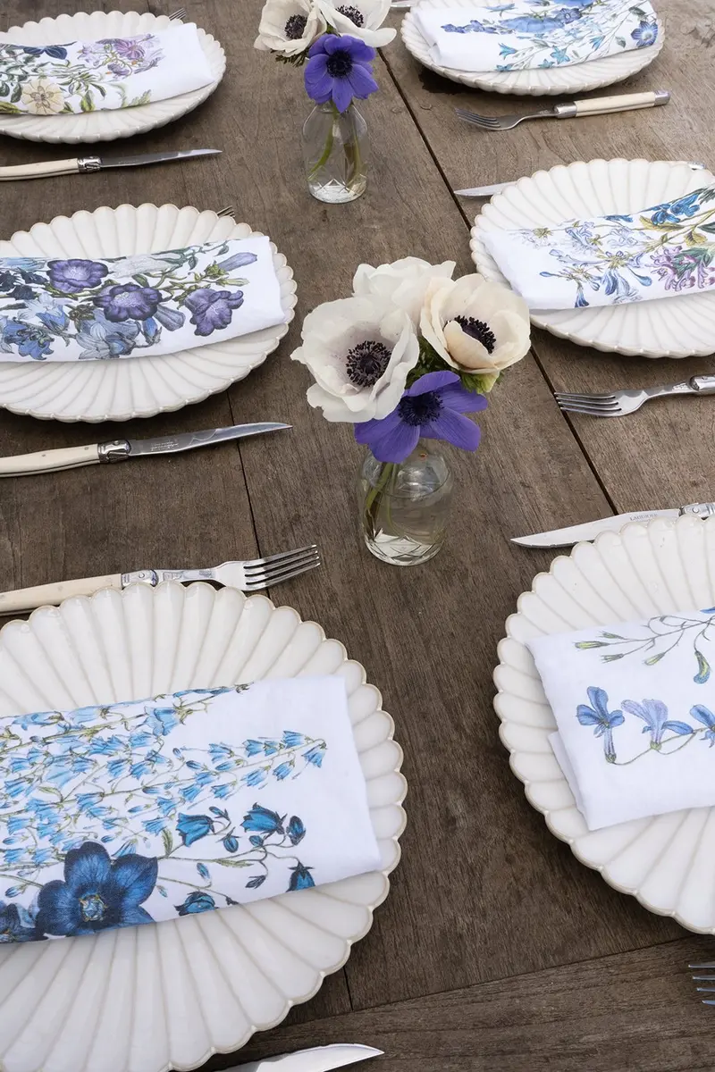 Set 6 Servilletas De Lino Con Diseño De Flores Azules