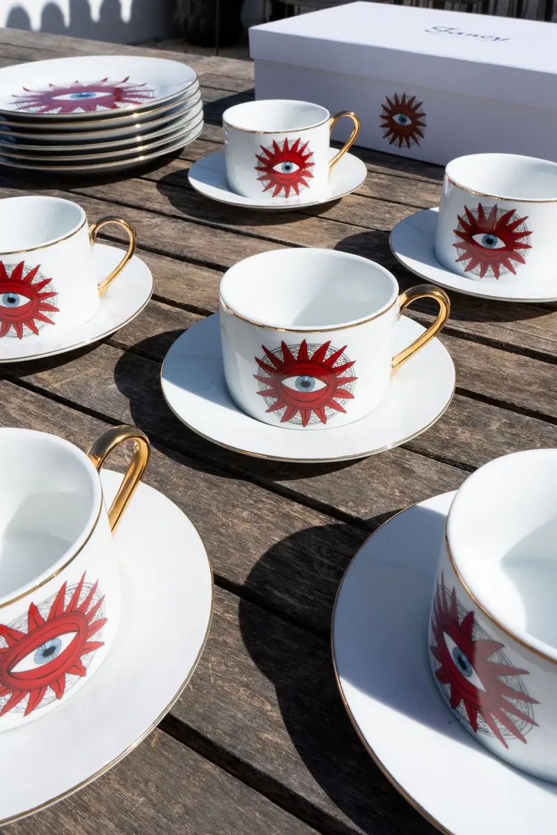 Set 6 Tazas Y Platos De Porcelana Con Diseño Good Luck