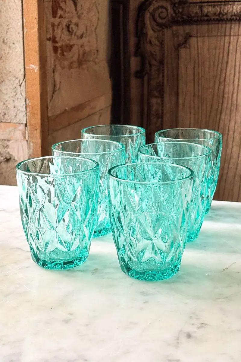 Set 6 Vasos Azules Turquesas Diseño Rombos