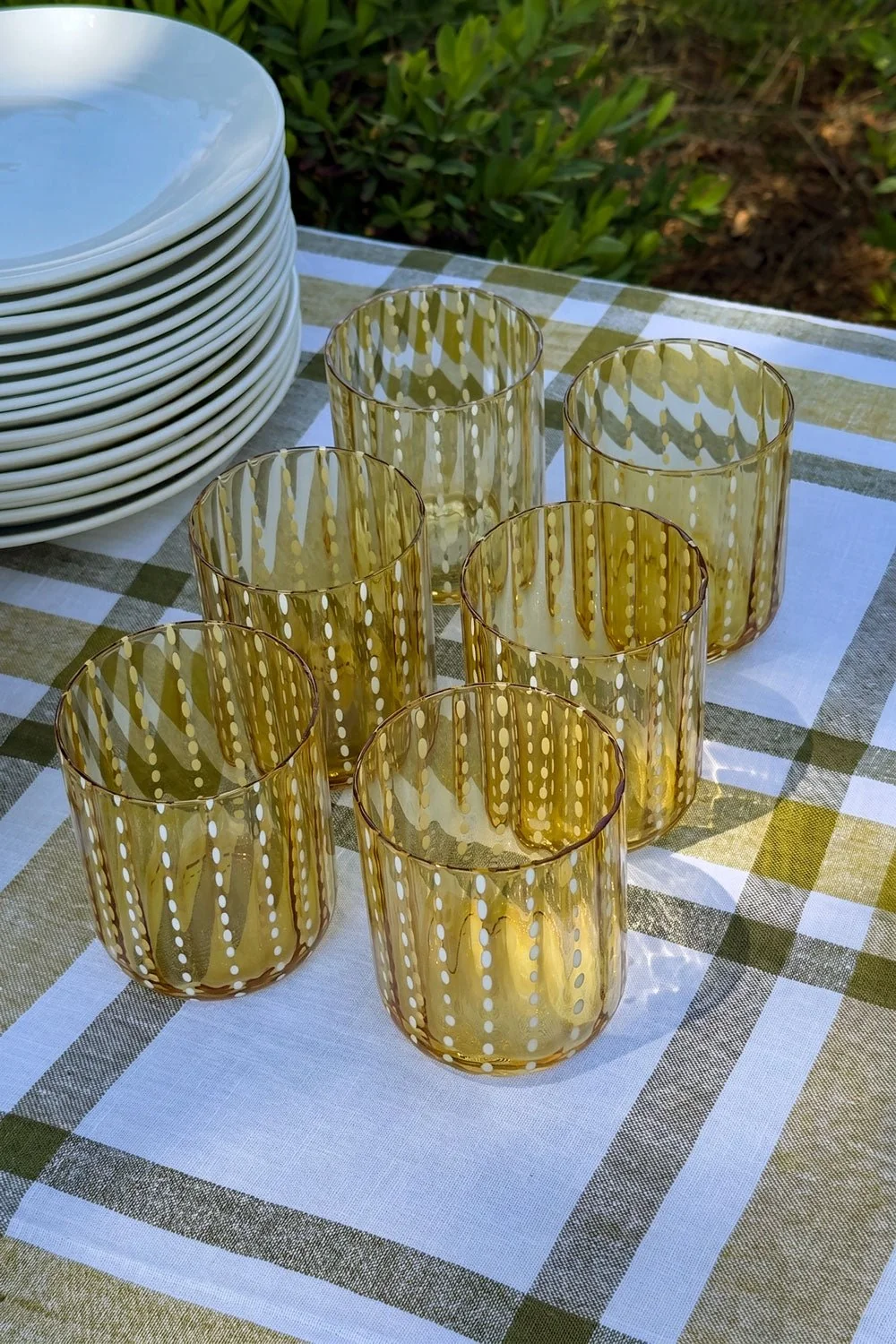 Set 6 Vasos Cristal Amarillo Ámbar & Motas Blancas