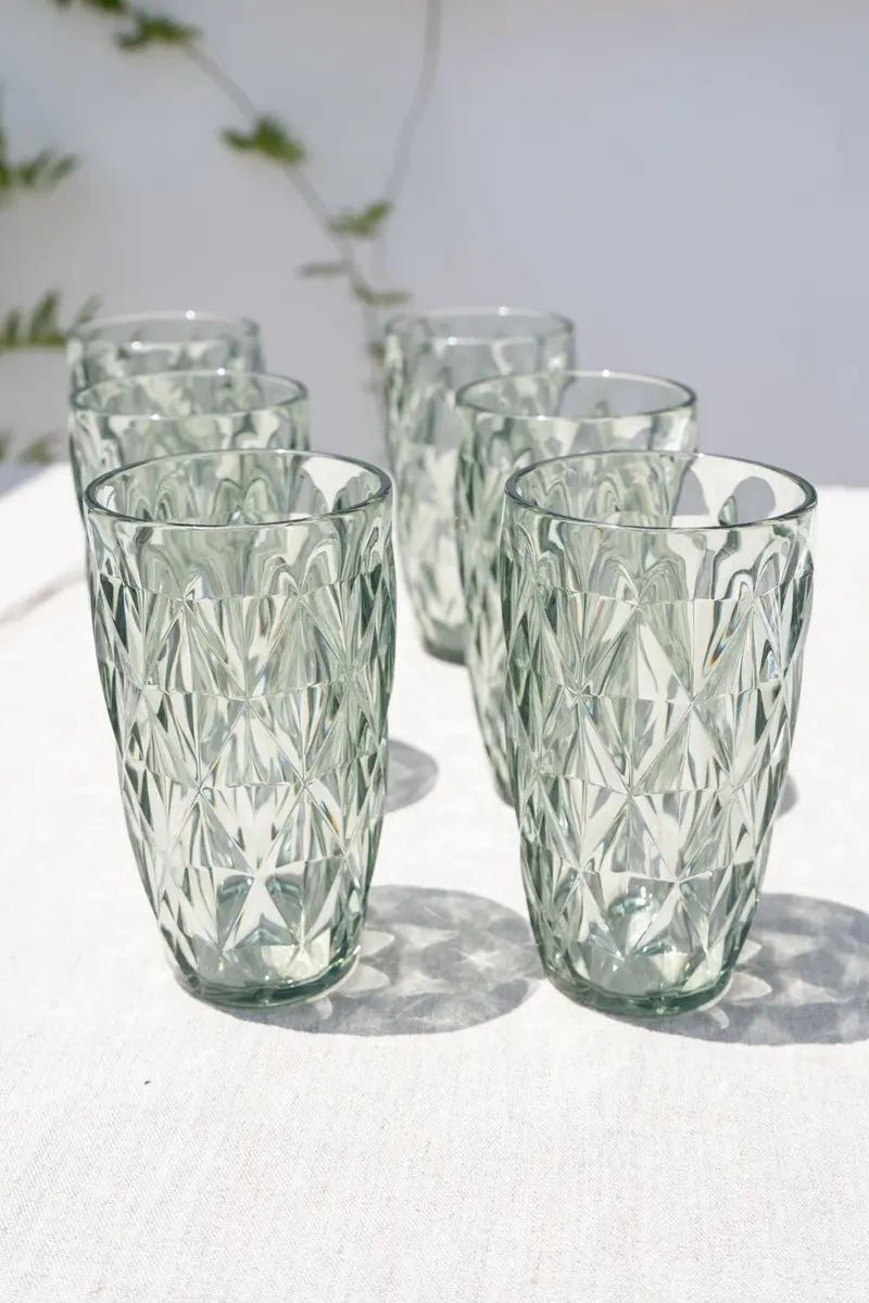 Set 6 Vasos Grandes Verdes Acrílicos Con Diseño De Rombos