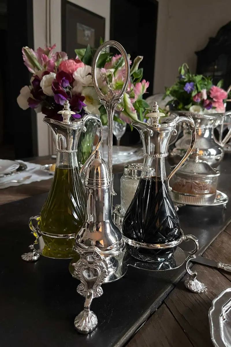 Set Aceitera, Vinagrera, Salero Y Pimentero De Cristal Y Plata Co