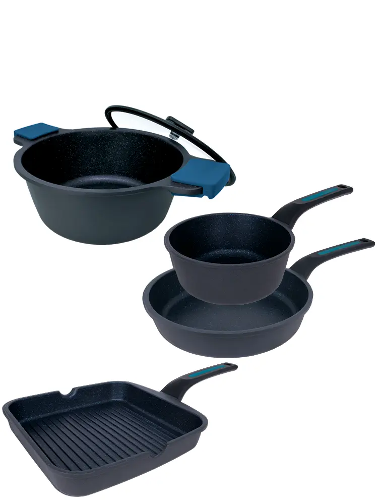 Set cocina 4 piezas (Sartén,  Cazo, Grill y Cacerola)