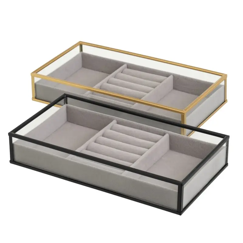 Set de 2 bandejas joyero de metal y cristal en negro y dorado de 23x12 cm