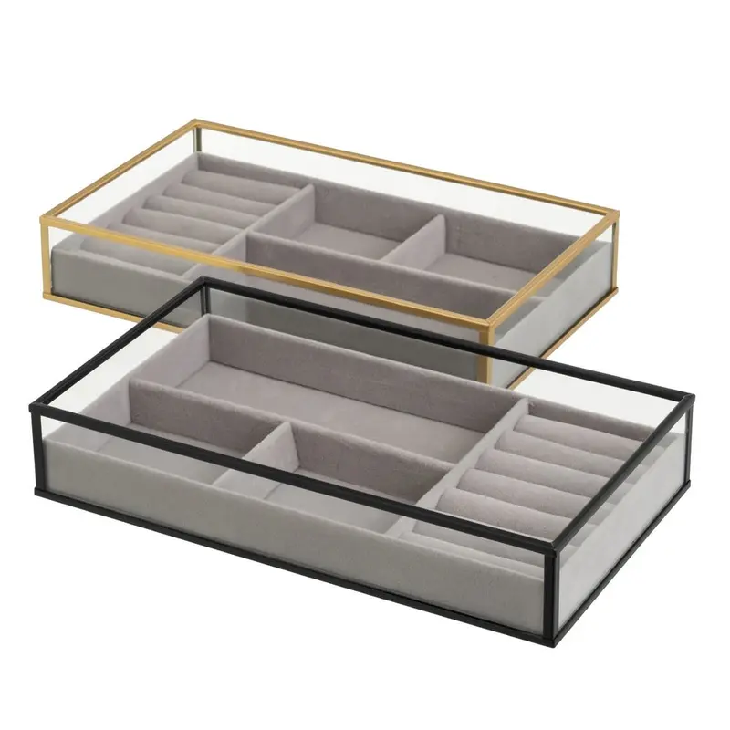 Set de 2 bandejas joyero de metal y cristal en negro y dorado de 25x14 cm