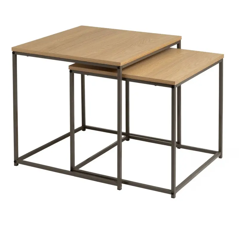 Set de 2 mesitas nido cubo de metal y madera color moka natural