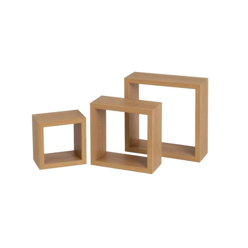 Set de 3 estantes cuadrados de tablero laminado color roble miel, de 15mm
