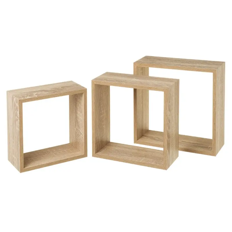 Set de 3 estantes de pared cuadrados roble claro de 30x30, 27x27 y 24x24 cm