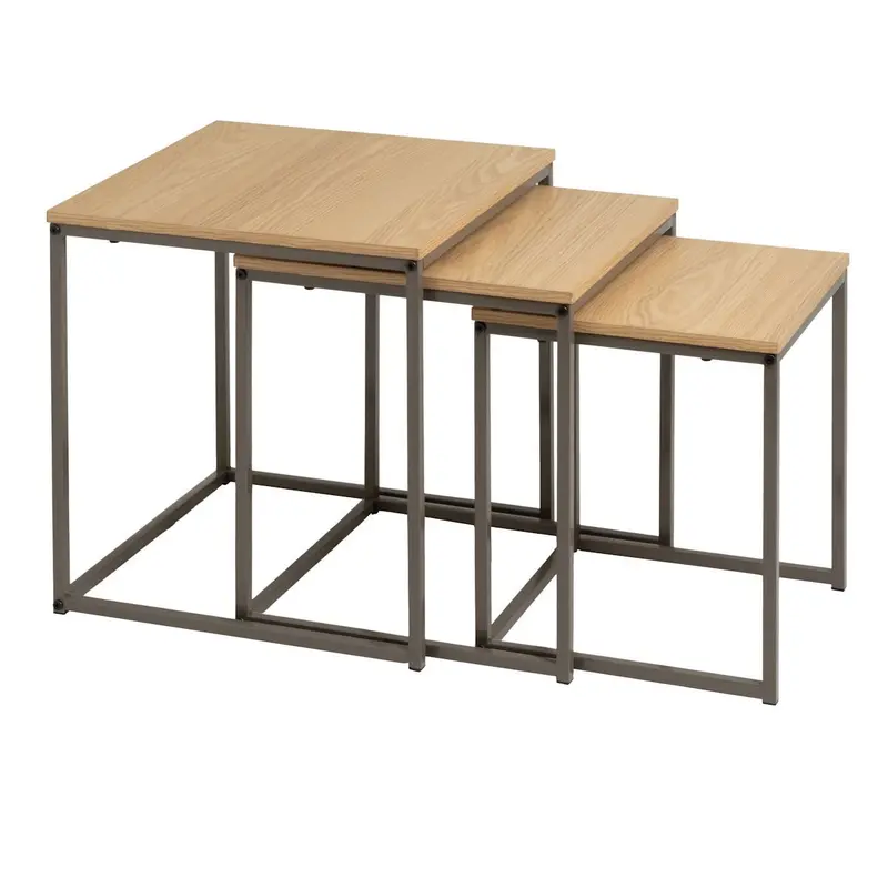Set de 3 mesitas nido cubo en metal y madera color moka efecto natural