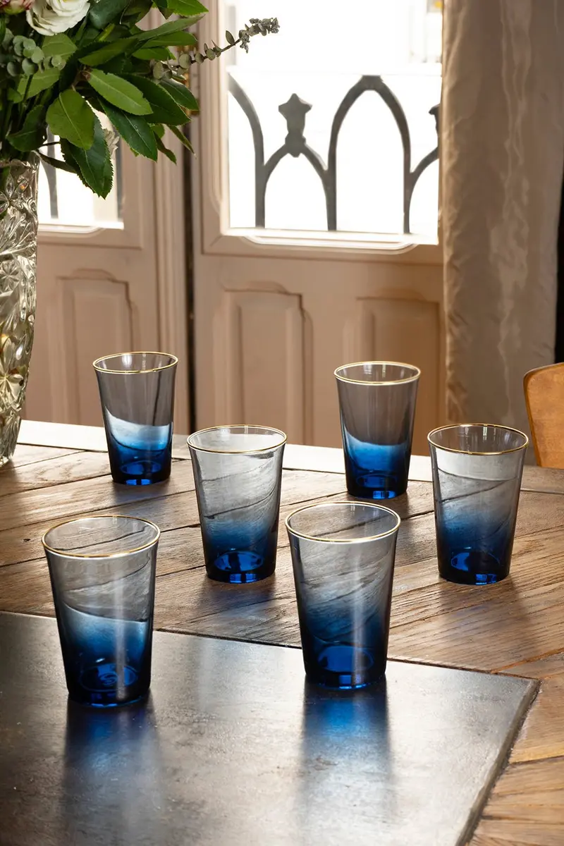 Set De 6 Vasos De Cristal Azul Con Filo Dorado