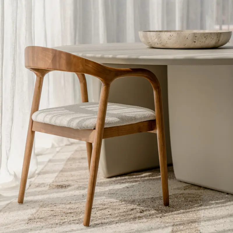 Silla de comedor - Nogal claro - Muret - Asiento de tejido bouclé color marfil