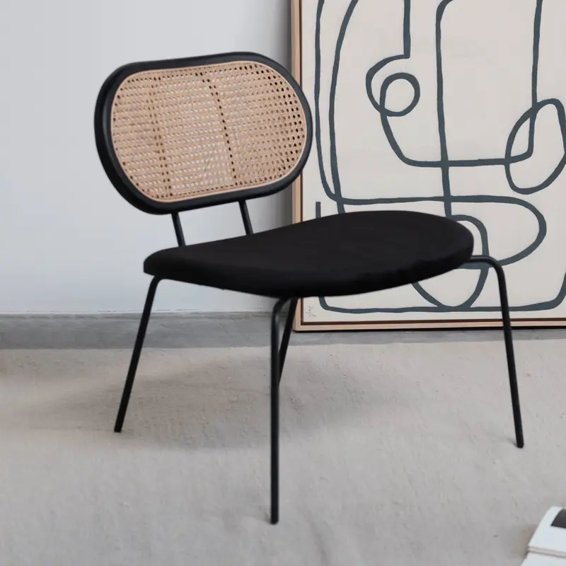 Silla Relax Retro de los años 60 - Ratán/Madera Negra - Terciopelo Negro - Negro