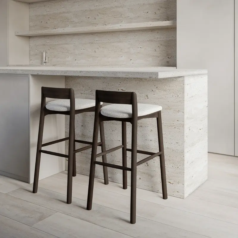 Taburete Charmes - Nogal oscuro - Asiento de tela - Tejido moteado Sandstone - Altura del asiento 65 cm