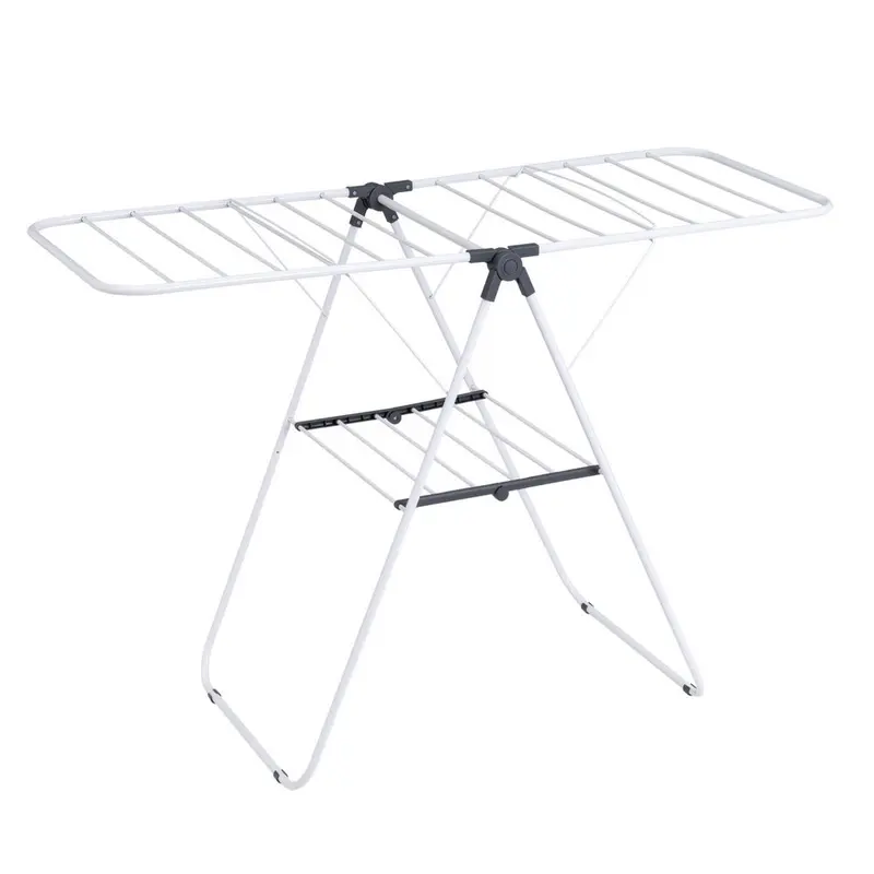 Tendedero plegable de metal blanco con 2 alas y estante inferior estable
