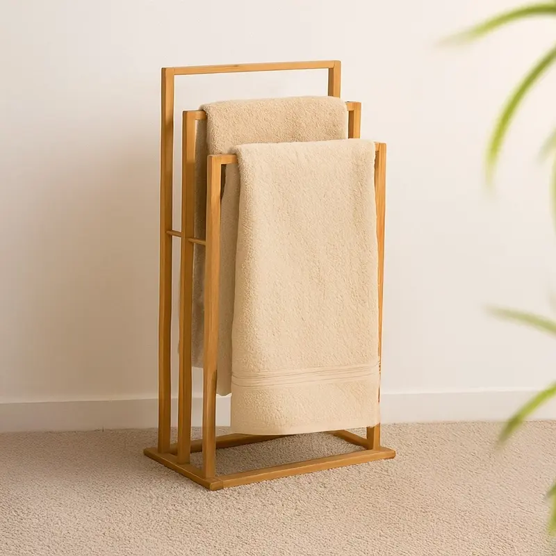 Toallero de bambú natural para 3 toallas de baño de 42x24x82cm