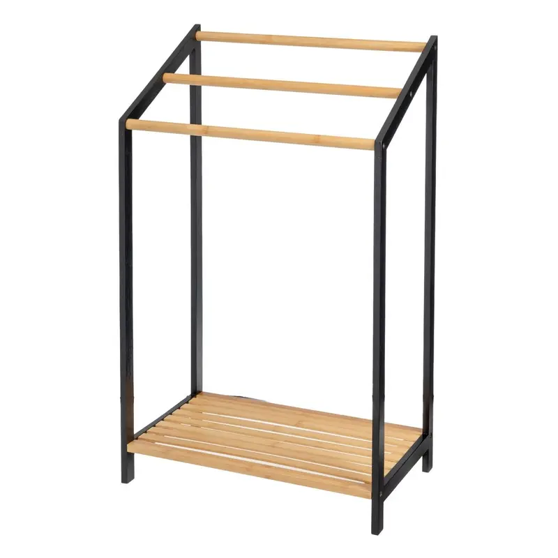 Toallero de pie con 3 brazos de madera bambú en natural y negro, de 51x31