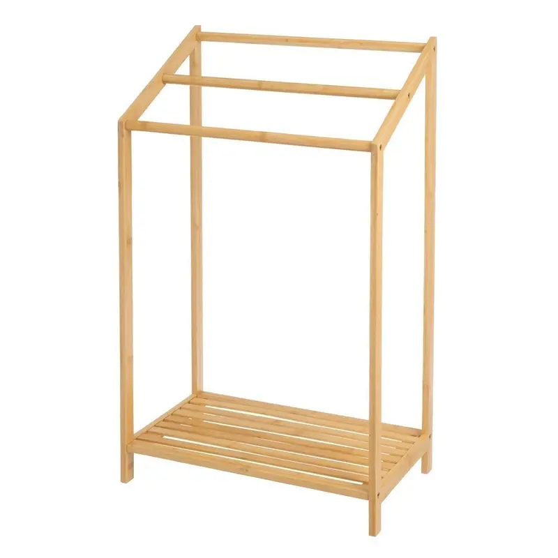 Toallero de pie con 3 brazos de madera de bambú natural y estante 51x31cm