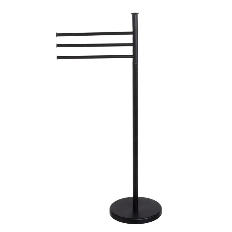 Toallero de pie con 3 brazos de metal color negro acabado mate, base 22cm