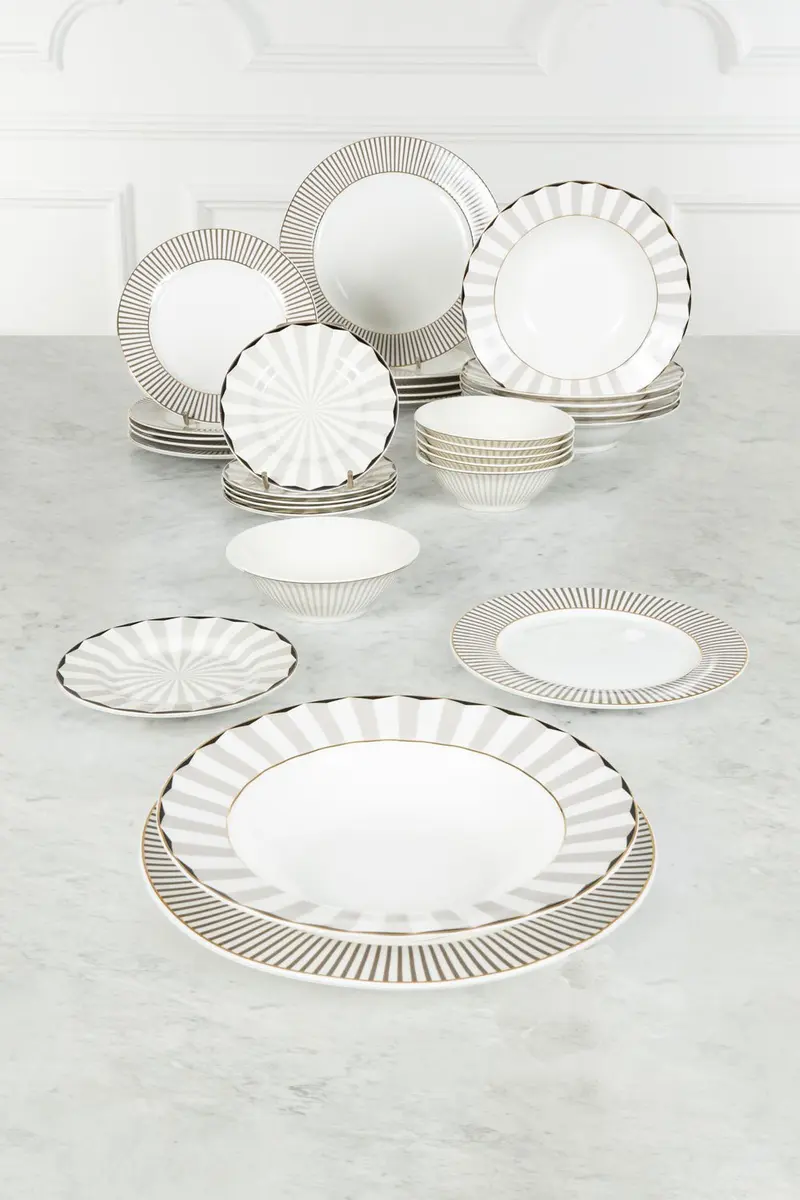 Vajilla Blanca Y Gris Con Cuencos Y Platos De Pan 6 Personas CO