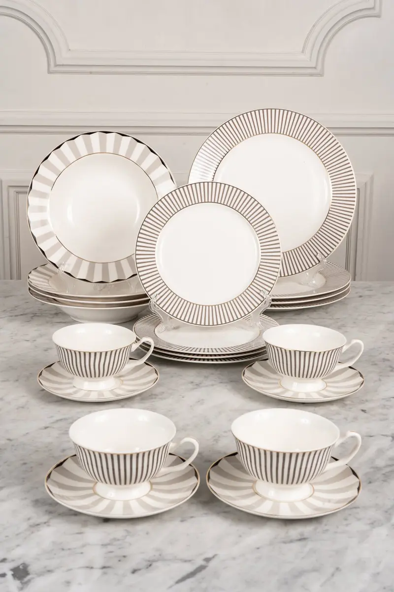 Vajilla Blanca Y Gris Con Tazas 4 Personas