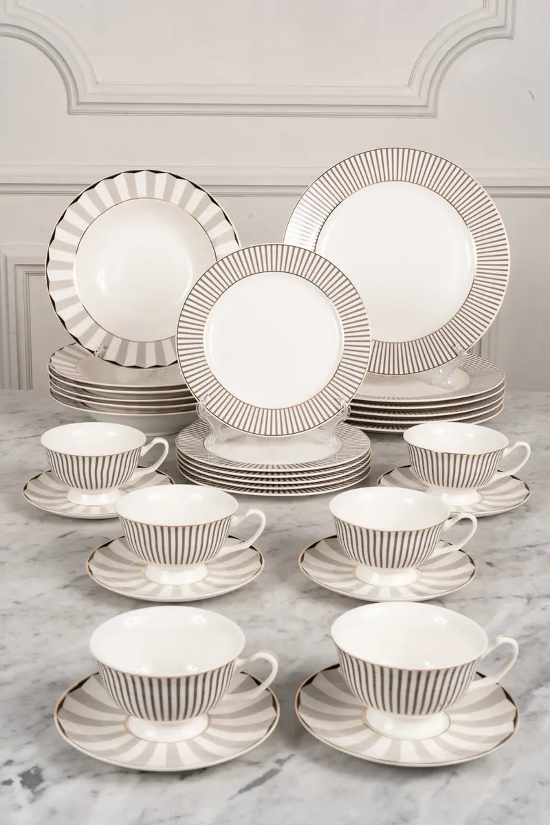 Vajilla Blanca Y Gris Con Tazas 6 Personas