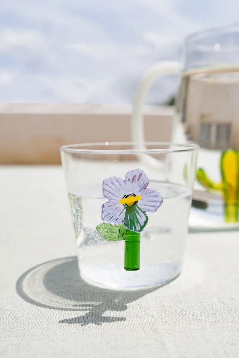 Vaso De Vidrio Soplado Diseño Botánico Flor Lila