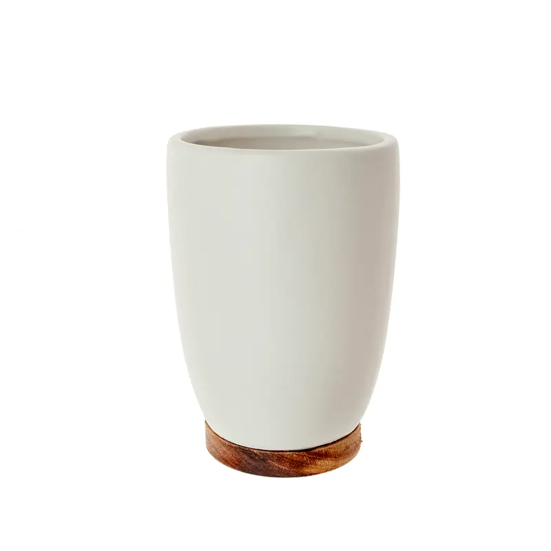 Vaso para Cepillos de Dientes Mate de Dolomita y Madera de Acacia 7,5 x 7,5 x 11,3 cm